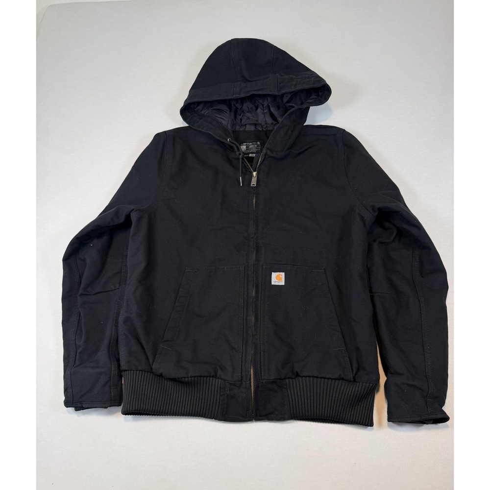 Carhartt Jacket Kids 12-14 Black Hooded Quilted Lined Canvas Workwear J130-W